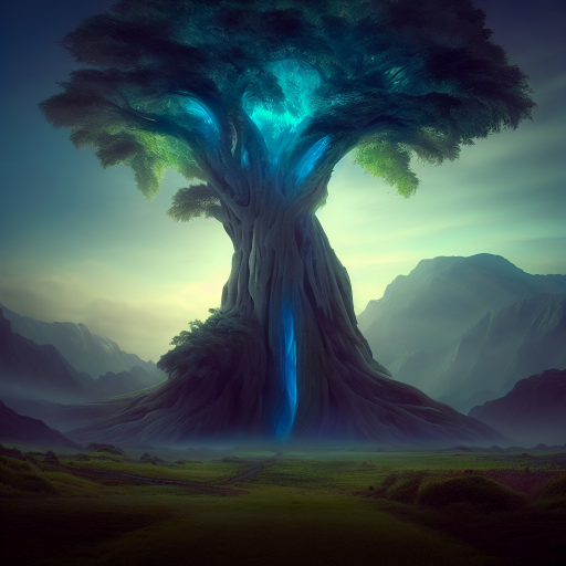 A massive, mountain-sized tree with a blue glow hovering around its branches.